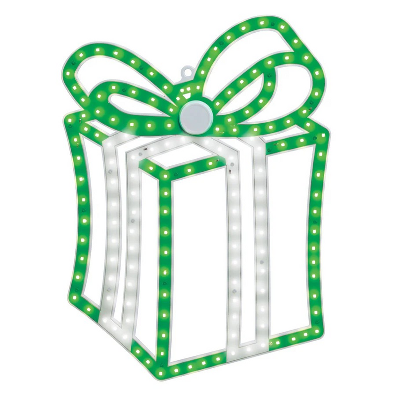 Decorative lighted gift box with green bow on a white background