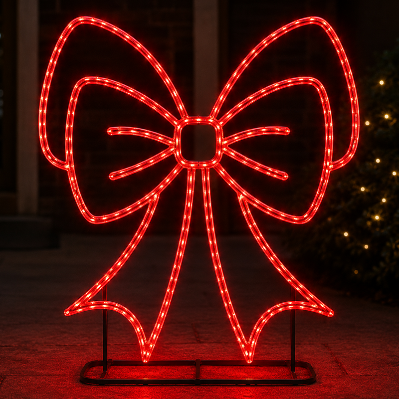 Red LED bow light decoration on a stand against a dark background