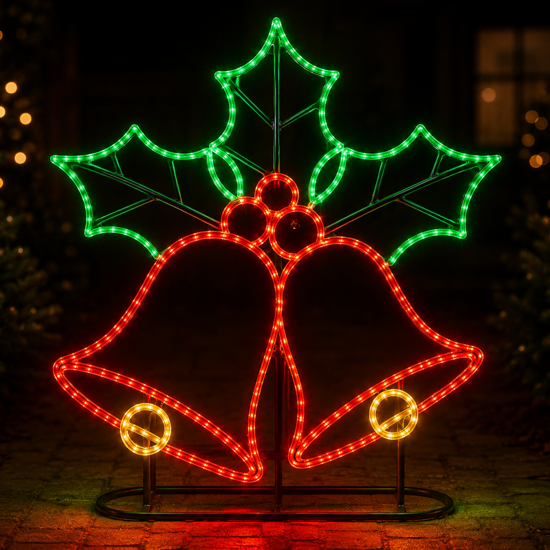 Decorative Christmas lights shaped like holly leaves and bells on a dark background.