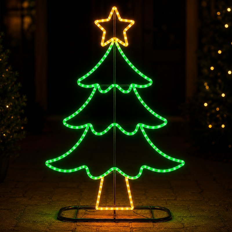 Decorative LED Christmas tree with a star on top in a dark setting