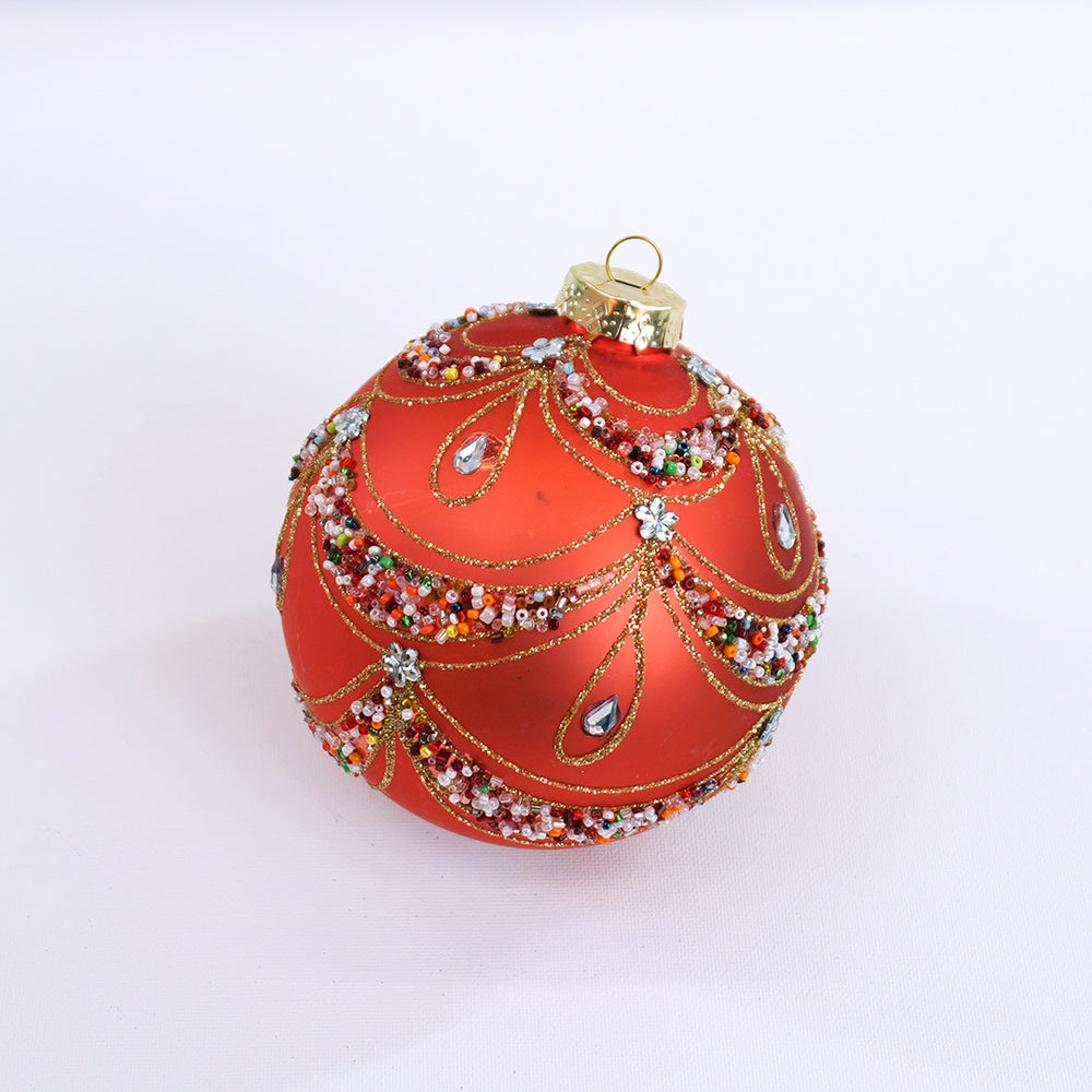 5" Matte Peach Beaded Swag Ball Ornament