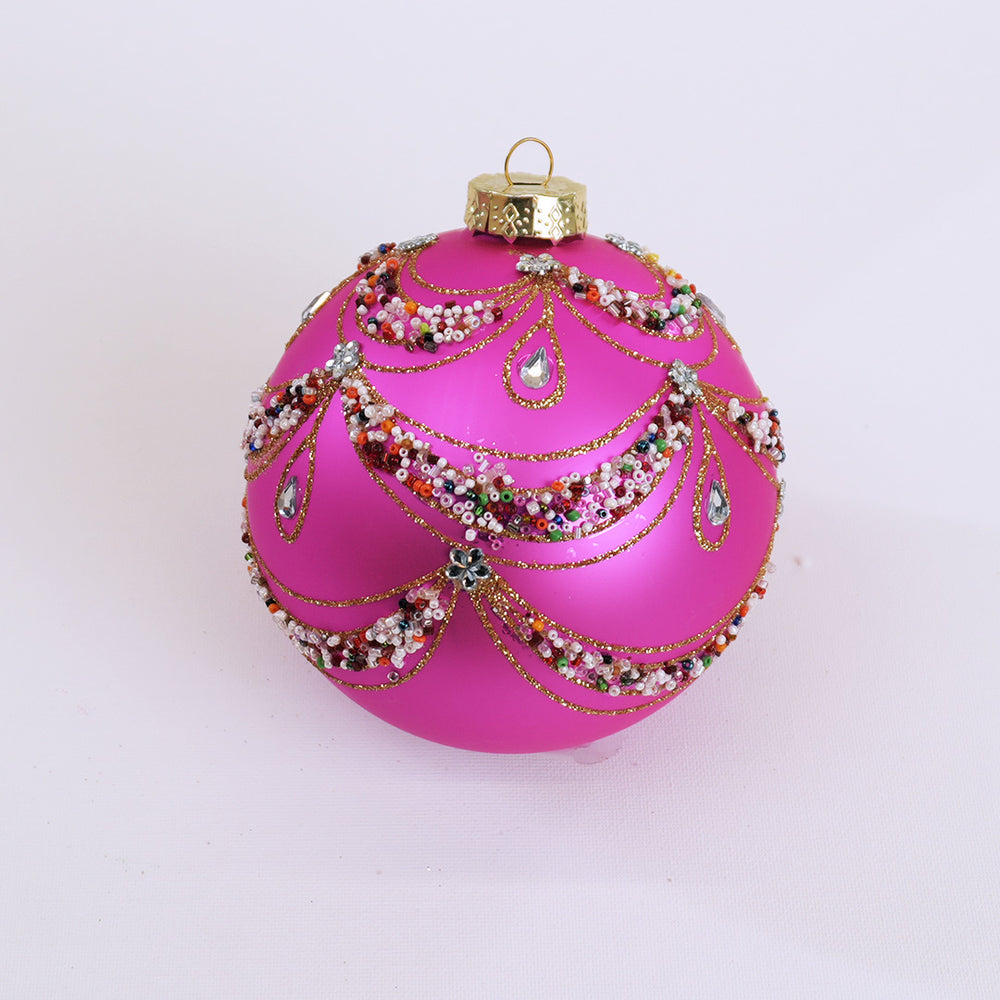 5" Matte Fuchsia Beaded Swag Ball Ornament