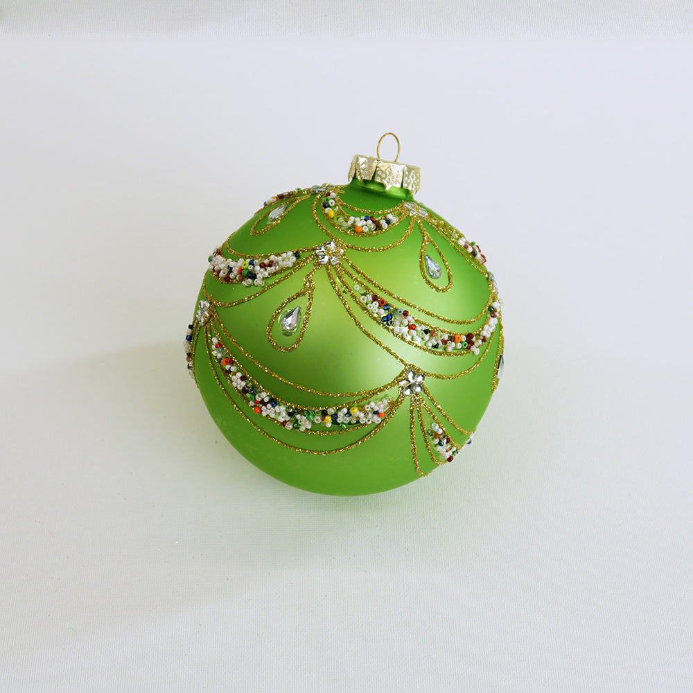 5" Matte Green Beaded Swag Ball Ornament