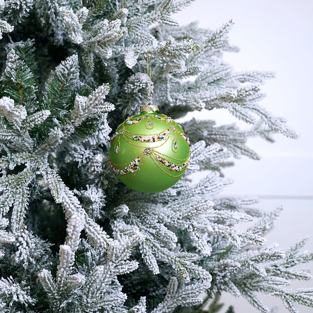 5" Matte Green Beaded Swag Ball Ornament