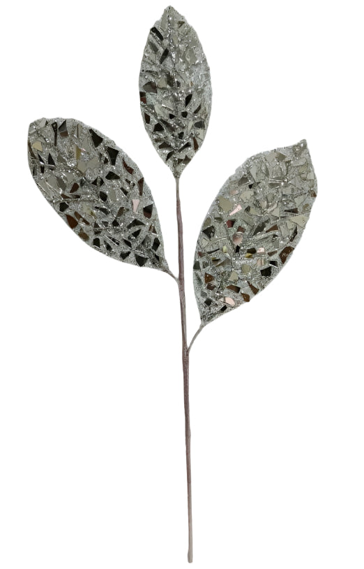 20" Silver Mosiac Mirror Magnolia Leaf Pick Set of 4