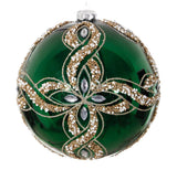 Decorative green Christmas ball ornament with gold and silver embellishments on a white background