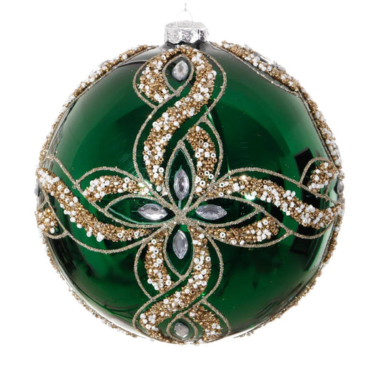 Decorative green Christmas ball ornament with gold and silver embellishments on a white background