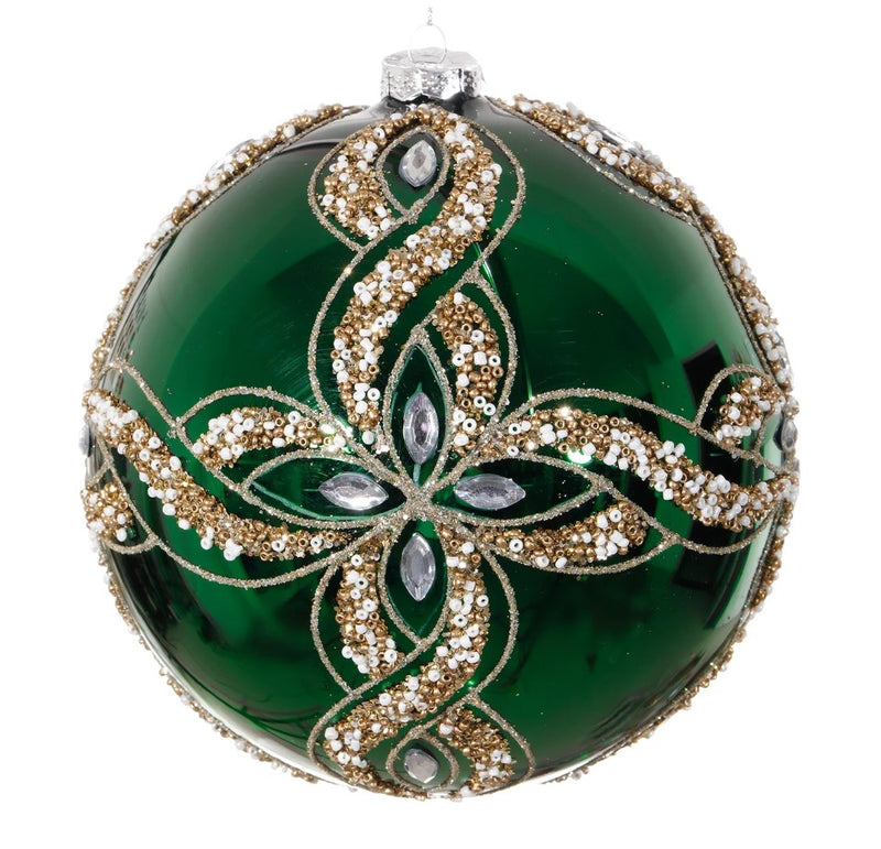 Decorative green Christmas ball ornament with gold and silver embellishments on a white background