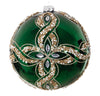 Decorative green Christmas ball ornament with gold and silver embellishments on a white background