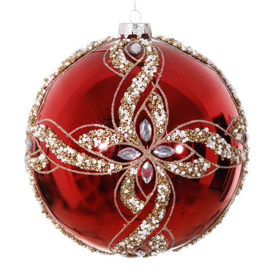 Red Christmas ornament with gold and silver decorations on a white background