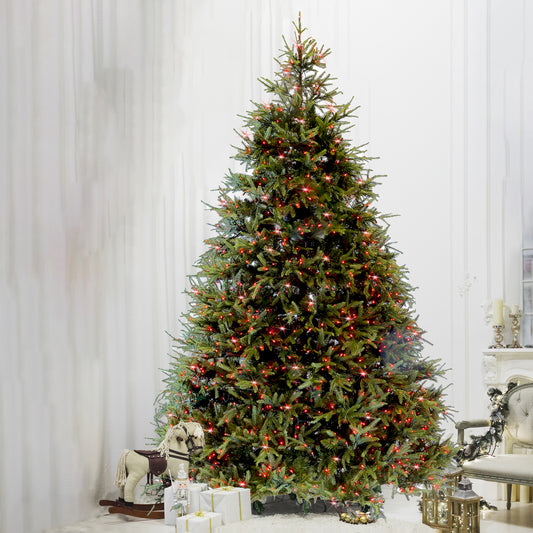 Decorated Christmas tree with lights in a room with white curtains and furniture.