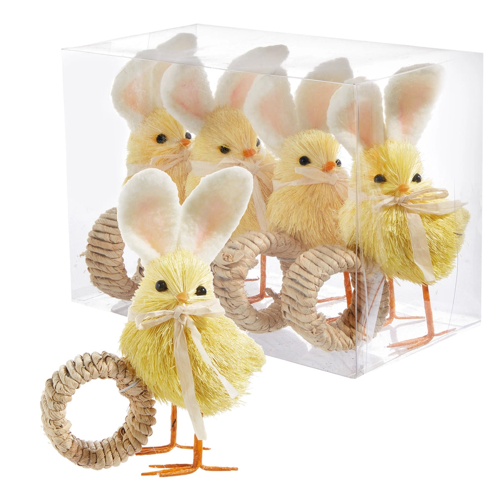 6" Chicks With Bunny Ears Napkin Rings Set Of 4