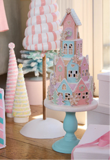 23" LED Pink & Blue Gingerbread Village On Pedestal Battery Operated