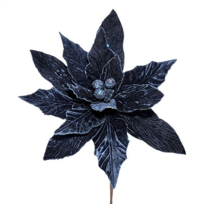 26" Midnight Blue Velvet Poinsettia Stem Set Of 6