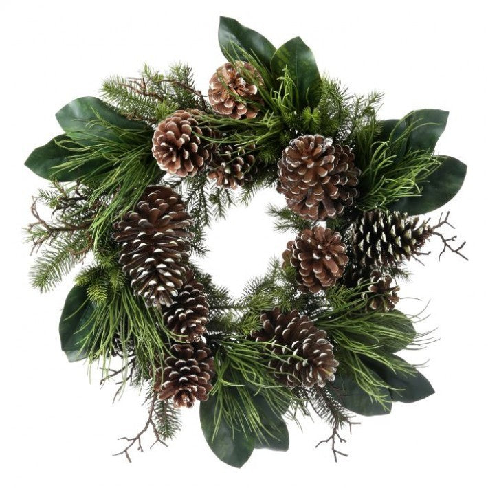28" Green Magnolia Leaf Wreath With Pinecones