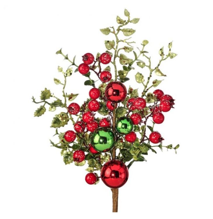 15" Red & Green Glitter Berry With Balls Pick Set Of 4