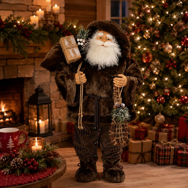 3 FT Brown Fur Lodge Santa With Presents