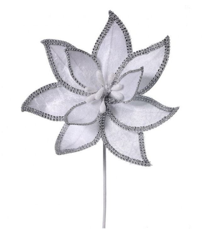 22" White Jeweled Edge Velvet Poinsettia Stem Set Of 12
