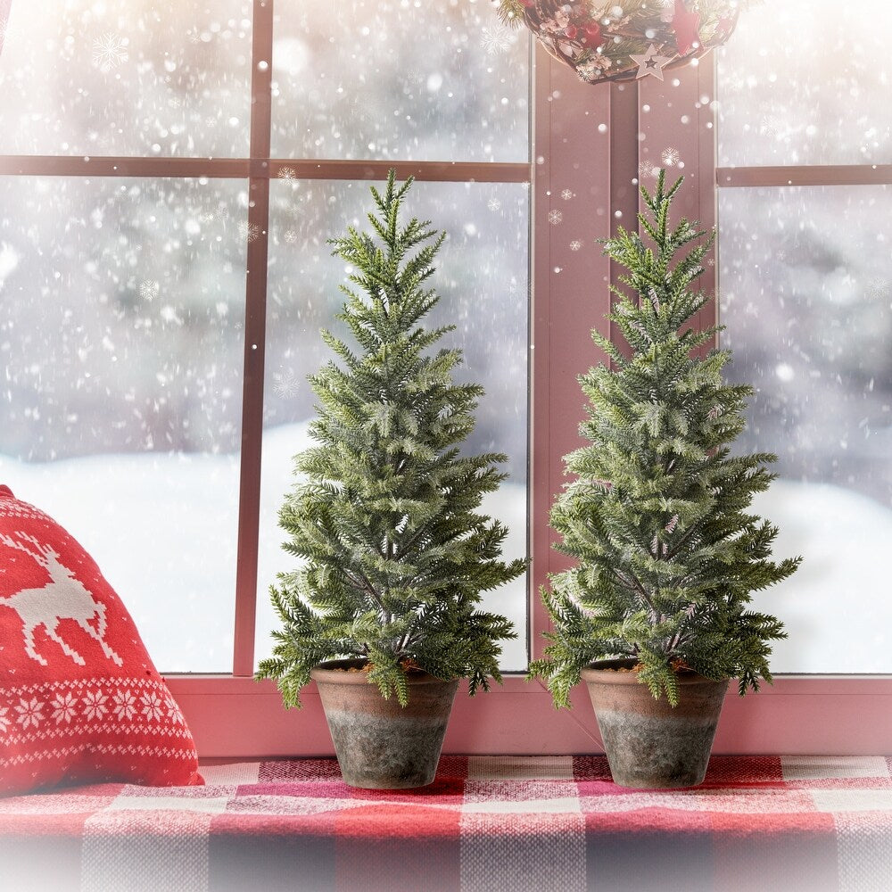 3 FT Potted Frosted Mini Spruce Tree Set of 2