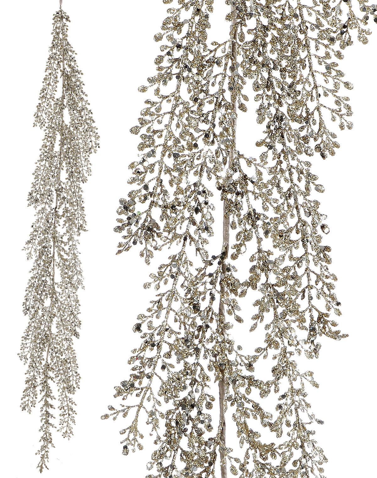 Decorative silver garland with beads on a white background