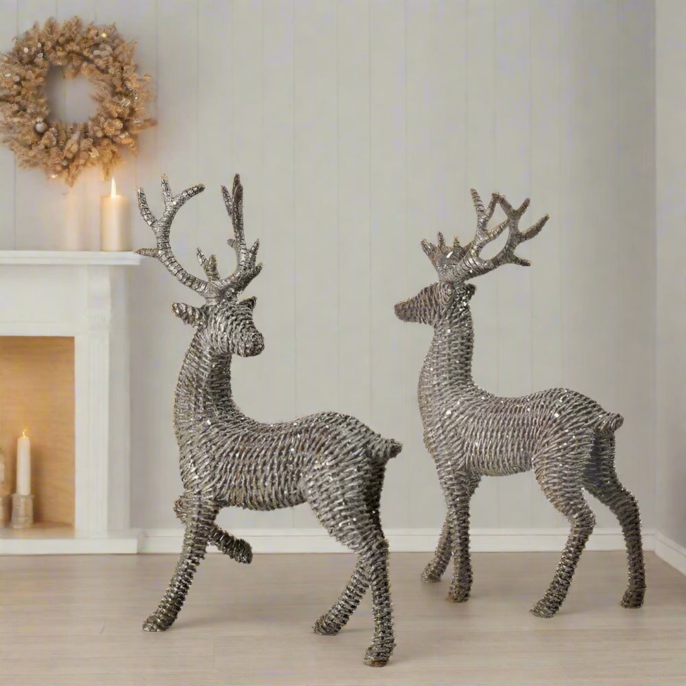 18" Glitter Rattan Standing Deers Assorted Set of 2