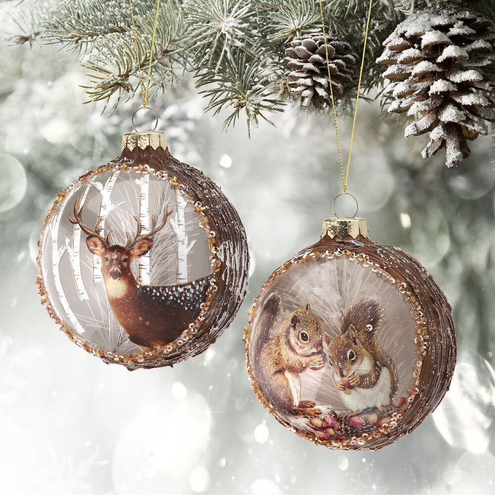 4" Deer & Squirrel Ball Ornament Set Of 6