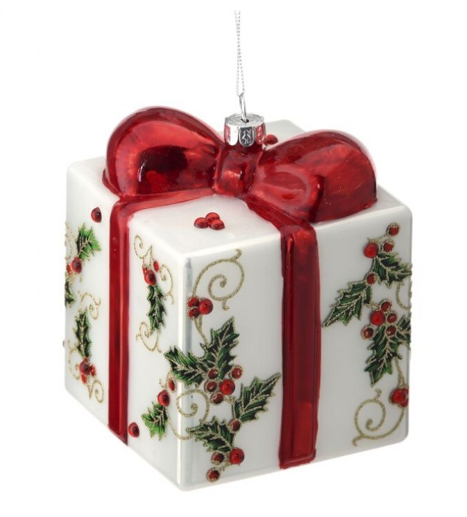 5" White Holly Gift Box Ornament Set Of 6