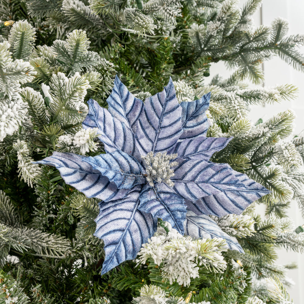 24" Blue Metallic Veined Poinsettia Stem Set Of 12