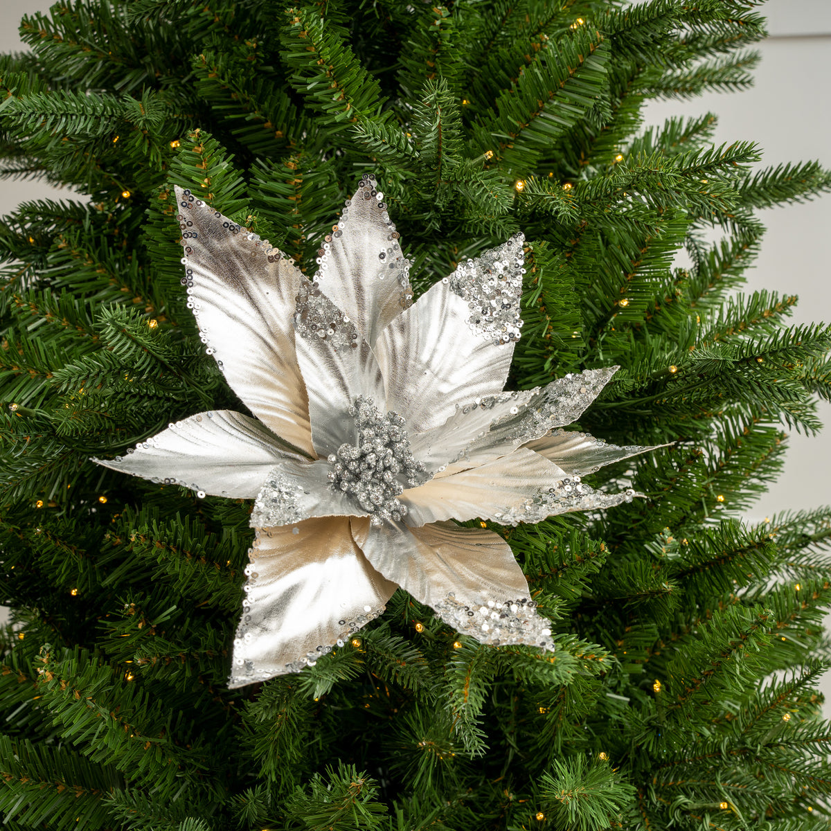 24" Silver Metallic Sequin Edged Poinsettia Set Of 12