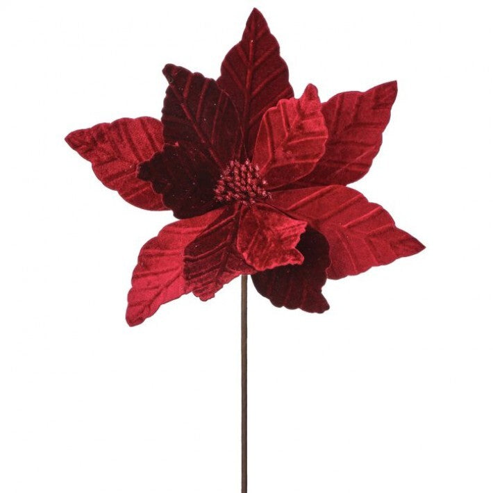 24" Velvet Glitter Poinsettia Stem Set Of 12