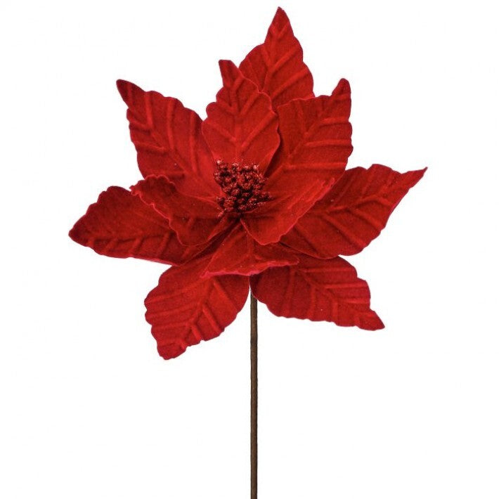 24" Velvet Glitter Poinsettia Stem Set Of 12