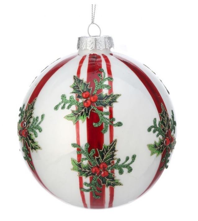 5" White Holly Stripe Ball Ornament Set Of 6