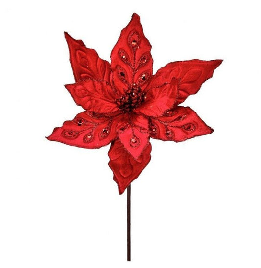 24" Red Velvet Jewel Poinsettia Stem Set Of 12