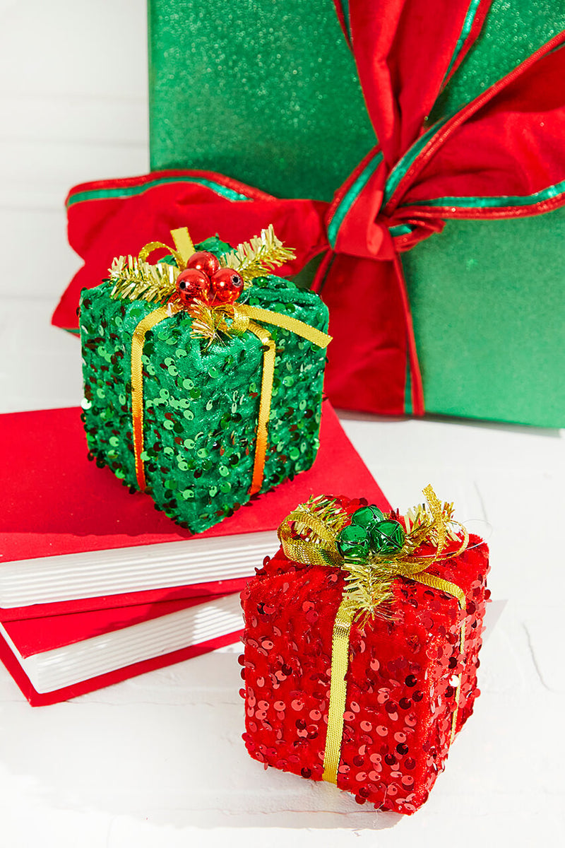 4.5" Red & Green Sequin Gift Ornament Assorted Set Of 4