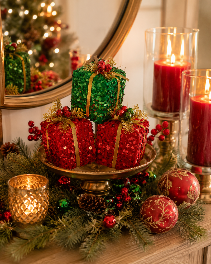 4.5" Red & Green Sequin Gift Ornament Assorted Set Of 4
