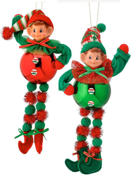 11" Red & Green Pom Pom Elves Ornament Assorted Set Of 2