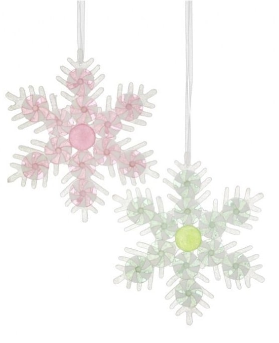 Set de 6 adornos surtidos de 6" con diseño de copo de nieve en rosa pastel y verde