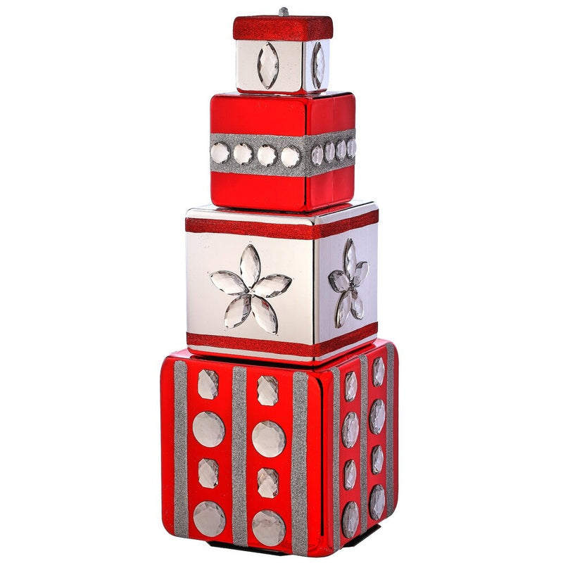 Pila de cajas de regalo adornadas de 28" en rojo y plata