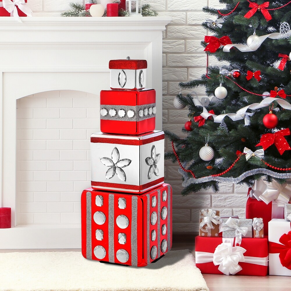 28" Red & Silver Gift Box Stack