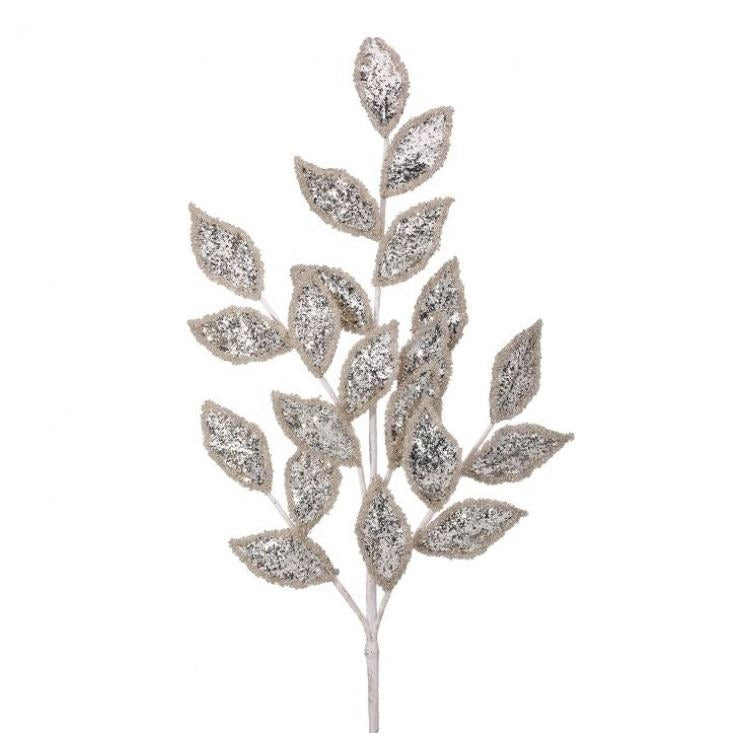 Juego de 6 aerosoles metálicos de hoja de laurel con purpurina plateada de 29"