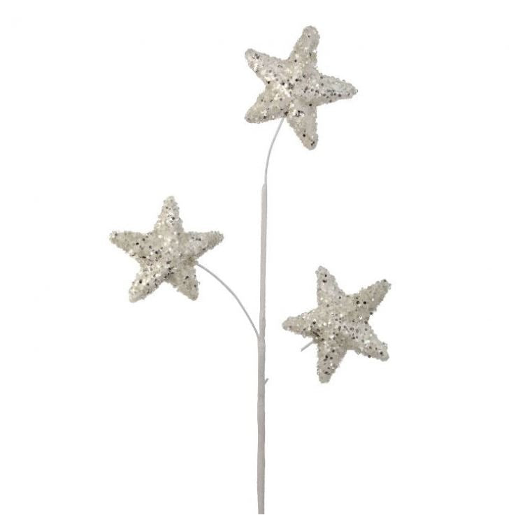 Juego de 6 varas de purpurina con triple estrella de 71 cm, blancas y plateadas