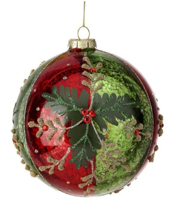 5" Red Green Holly Jeweled Ball Ornament Set Of 6