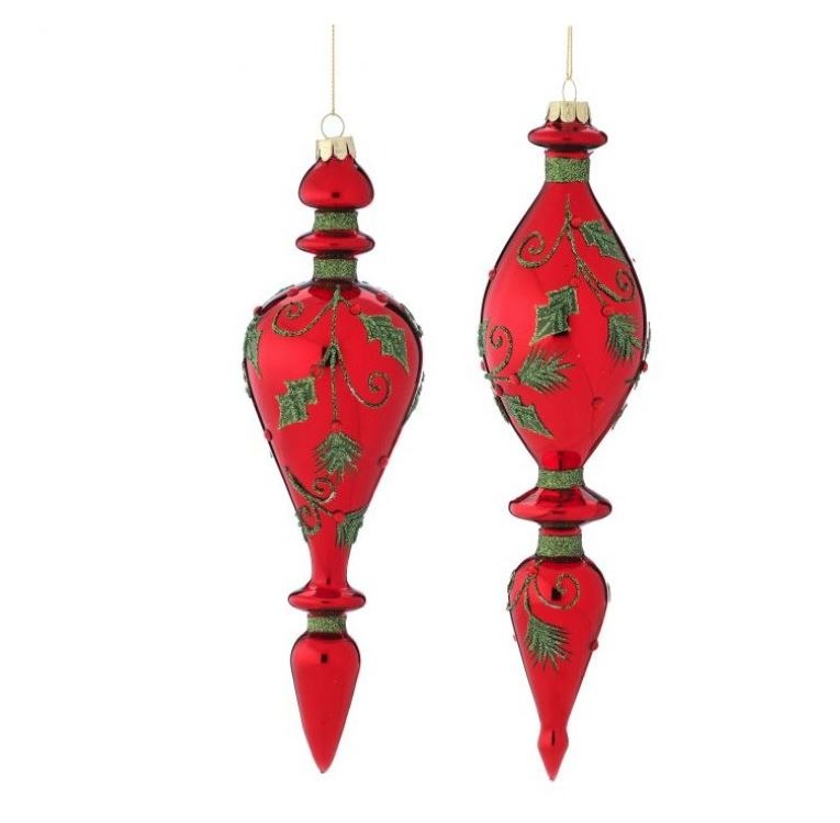 9"-10" Red & Green Holly Finial Ornament Set Of 2