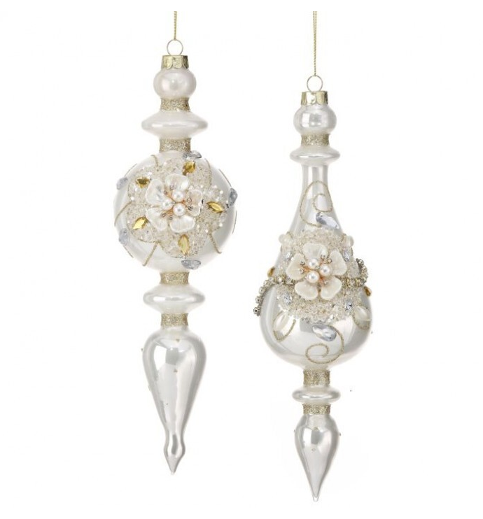 10" Cream Gold Jeweled Finial Assorted Ornament Set Of 2