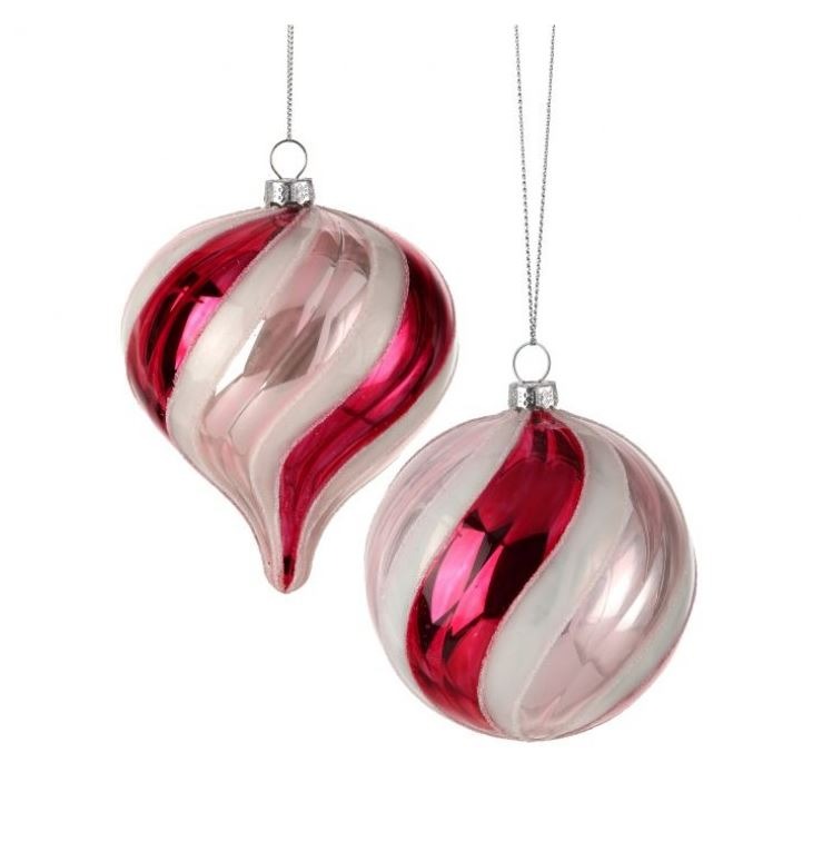 4"- 4.5" Pink & White Ball & Onion Ornament Set Of 6