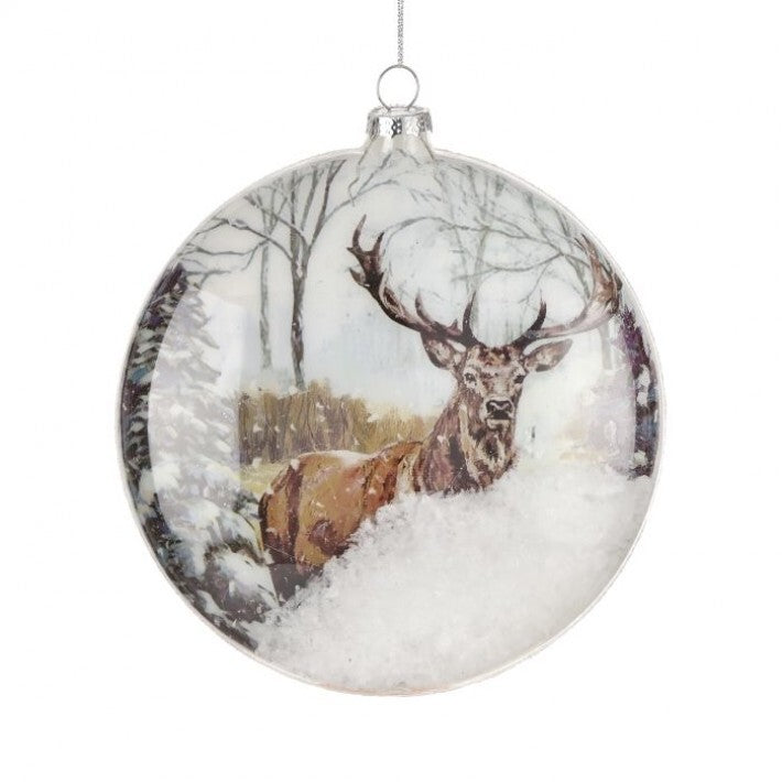 6" Snowy Deer Glass Disc Ornament Set Of 6