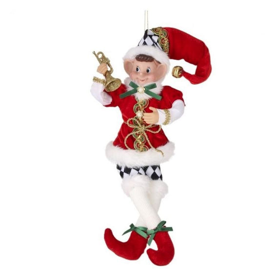 15" Checkered Pixie Elf Ornament With Trumpet