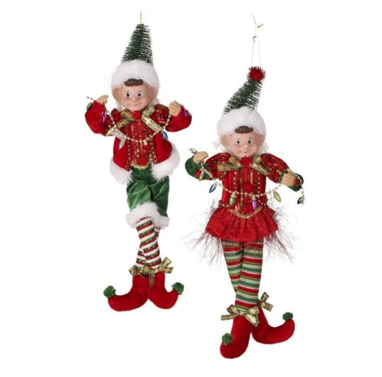 15" Multi Color Elves Ornament With Tinsel Assorted Set Of 2