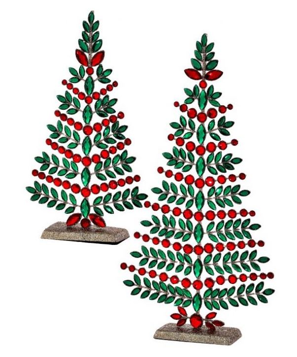 15"- 19" Red & Green Jeweled Tree Set Of 2