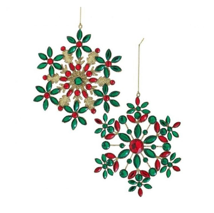 7" Red & Green Jewel Gold Glitter Snowflake Set Of 6